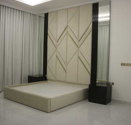 wood and fabric wall panel plus bed